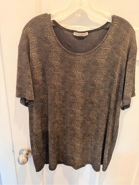 Susan Lawrence Animal Print Top Brown Black Short Sleeve Blouse large